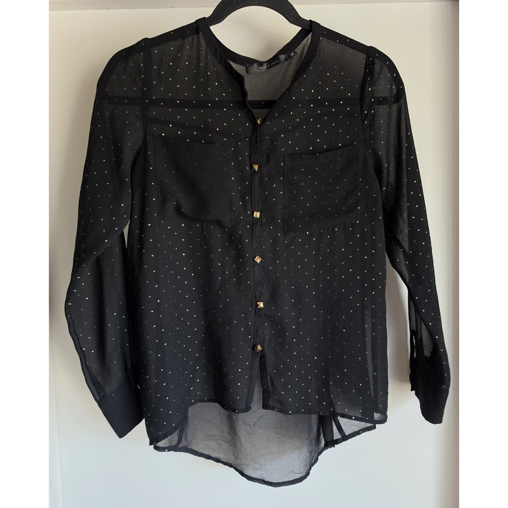 Eric + Lani Blouse XS Black Polka Dot Collared Long Sleeve Women Top Shirt